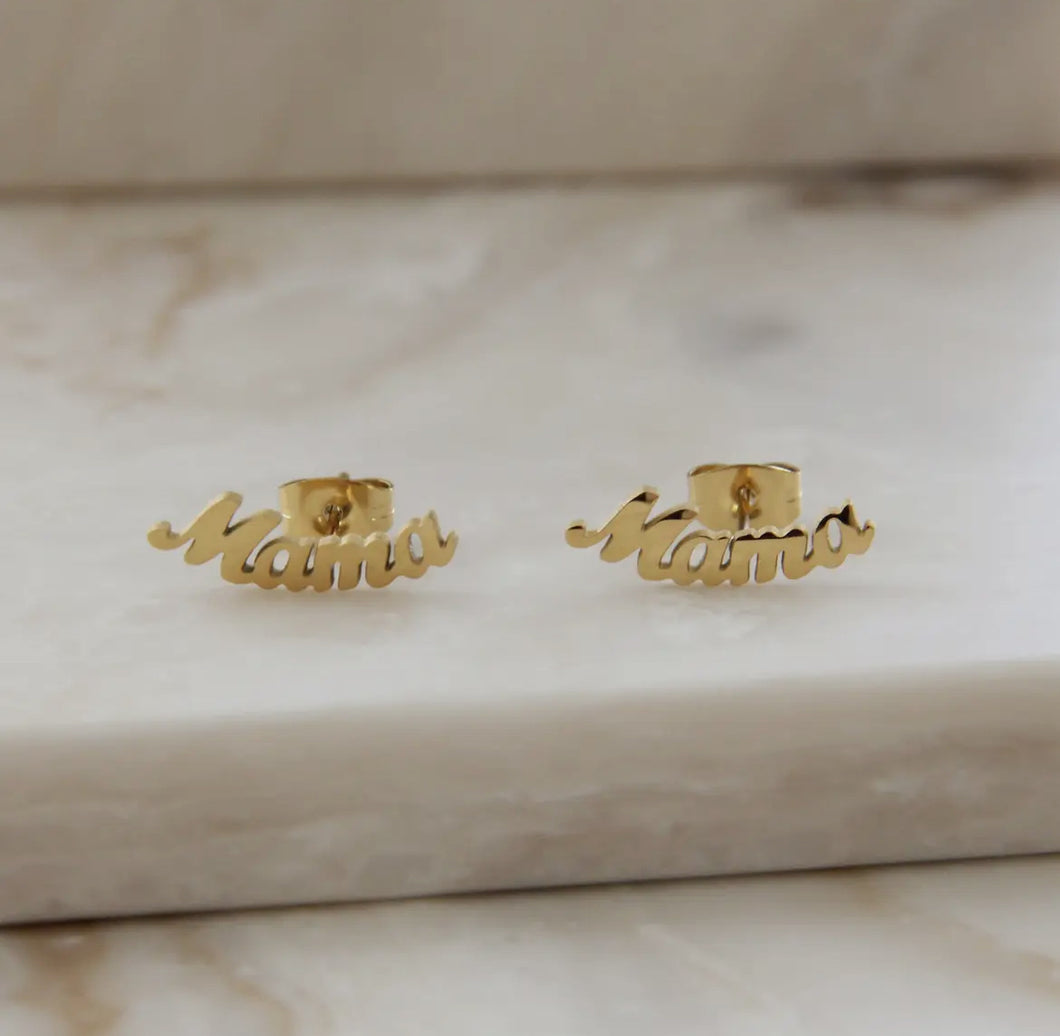Mama Script Studs WHITE GOLD