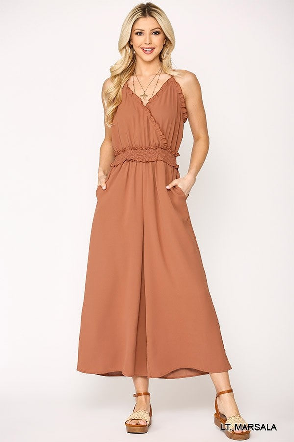 Surplice Smocked Jumpsuit with Pockets