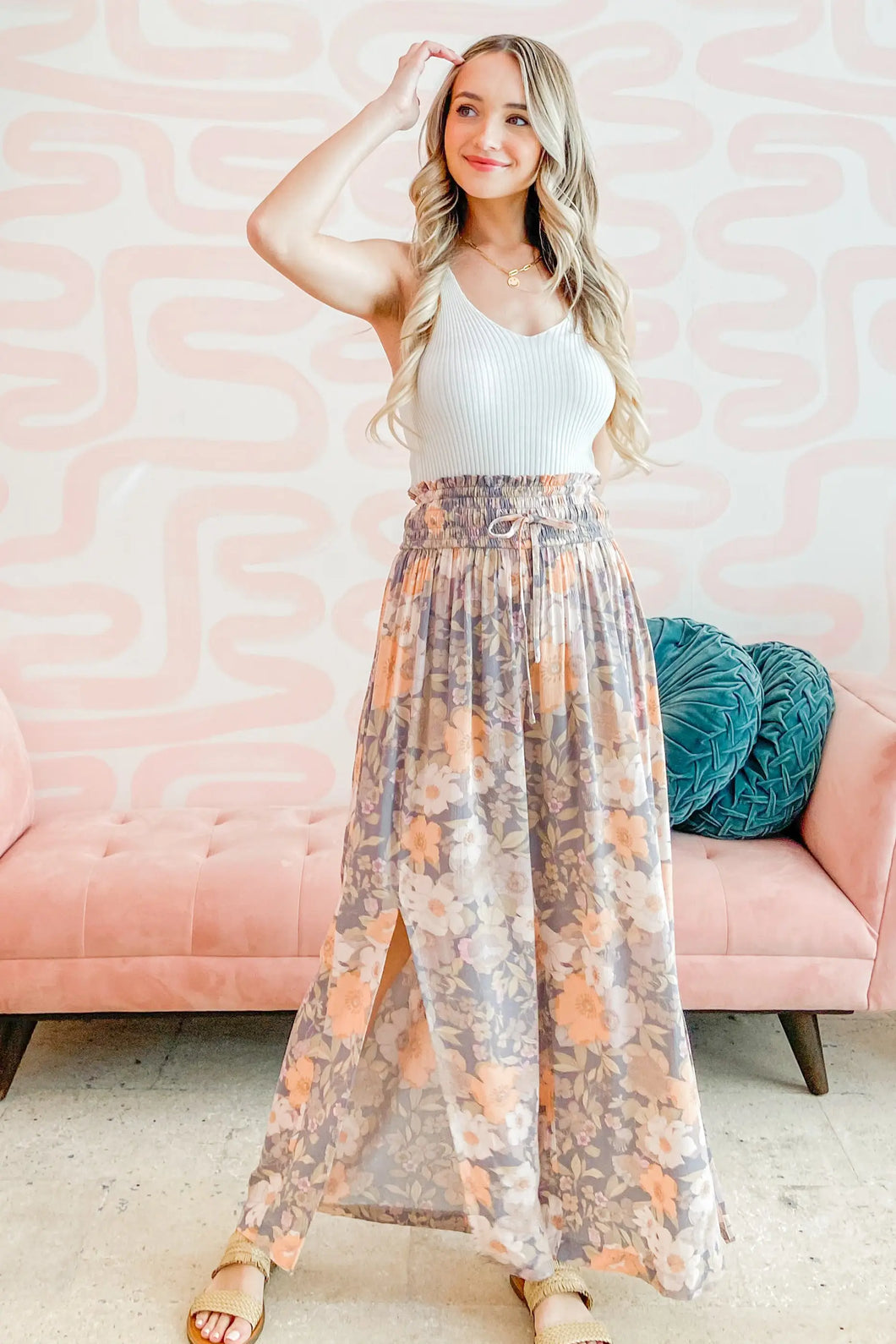 Elizabeth Floral Side Slit Wide Pant