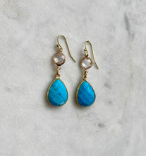 Load image into Gallery viewer, Cody Genuine Quartz &amp; Turquoise Gold Pear Drop Earrings
